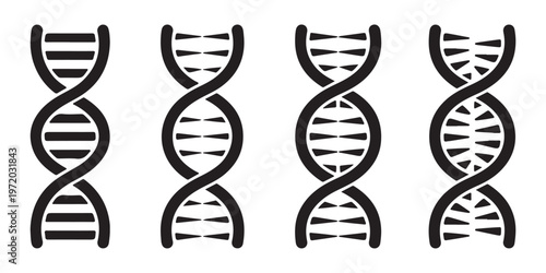Genetics dna double helix vector illustrations featuring various strand styles for scientific research icons.