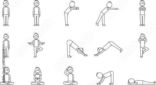 Stick figure yoga poses set, simple line character stretching and exercise collection isolated on white background vector illustration