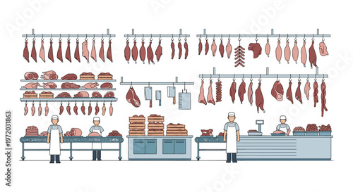 Multiple butchers in white aprons work within a large industrial meat processing facility filled with various hanging carcasses and prepared meat cuts.