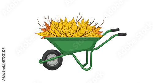 A sturdy green garden wheelbarrow is filled to the brim with bright yellow maple leaves and thin wooden branches against a minimalist white background.
