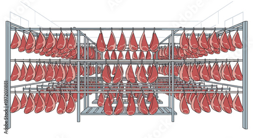 Hundreds of cured meat legs hang systematically from metal racks inside a spacious industrial cold storage warehouse with a clean white ceiling above.