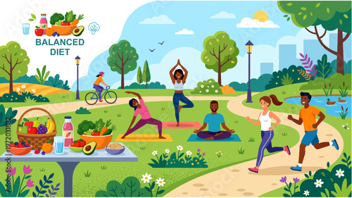 Healthy Lifestyle with Balanced Diet, Yoga, Running and Outdoor Fitness Activities Flat Vector Illustration