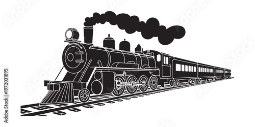 Vintage steam locomotive train pulling passenger carriages on tracks with thick smoke clouds vector illustration.