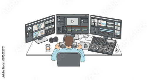 A detailed workspace illustration features a creative professional editing video content across three large monitors on their desk with a cool grey and blue color motif.