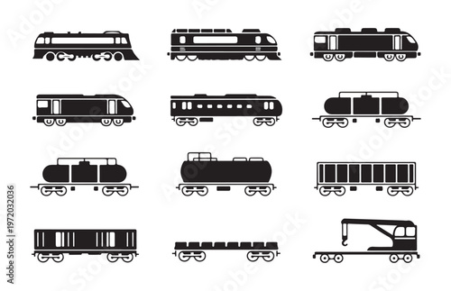 Various train and railway wagon icons including passenger cars freight cars and specialized vehicles.