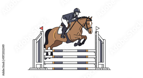 A meticulous illustration depicts a professional equestrian rider in a navy jacket and helmet guiding a brown horse over a tall blue and white striped hurdle in a bright arena.