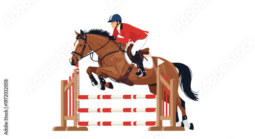 A vibrant flat vector illustration captures a skilled jockey wearing a red coat and blue helmet as their chestnut horse leaps over a red striped obstacle in a clean space.