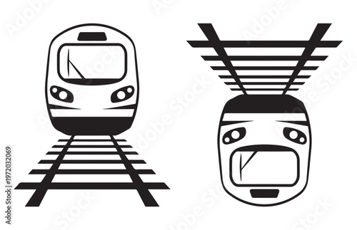 Subway train locomotive front view and rail track vector silhouettes in black color minimal style collection.