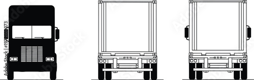 Truck front and rear view set, cargo vehicle outline and silhouette icons, transport logistics vector illustration isolated on clean background