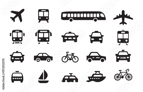 Diverse transport silhouettes collection showing airplanes buses trains cars boats and bicycles vector icons.