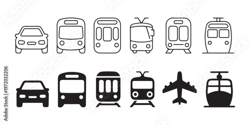 Modern transit line icons featuring car bus metro trolley and rail transport for passenger navigation system.