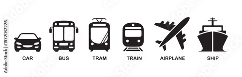 Minimalist transport vehicle icon series including car bus tram train airplane and ship for digital interfaces.