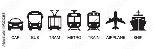 Complete transportation icons collection featuring car bus tram metro train airplane and ship for travel plans.