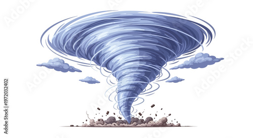 Massive swirling tornado depicted in an illustration with debris and clouds, symbolizing powerful storms and extreme weather phenomena