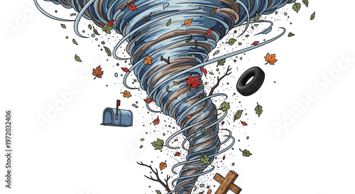 Violent spiral of a massive tornado ripping through the landscape, capturing everyday objects and natural elements within its destructive funnel cloud, a symbol of nature's raw, untamed power