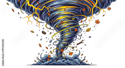 Powerful Tornado Illustrated with Debris, Leaves, and Lightning, Evoking Natural Disaster and Stormy Weather