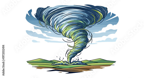 Vibrant cartoon illustration capturing a powerful, swirling tornado descending upon a green, hilly landscape, depicting the immense force of nature and a dramatic weather event