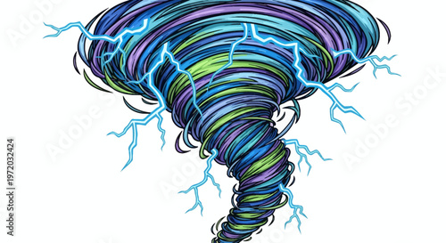 Vibrant cartoon illustration of a powerful swirling vortex, bursting with colorful energy and electrical sparks, representing a dramatic force of nature