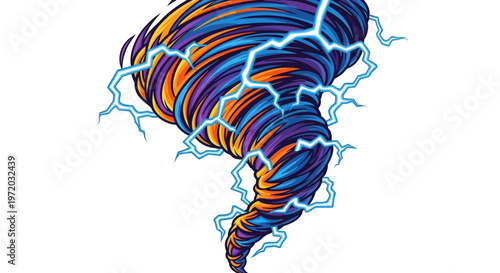 Dynamic vortex illustration featuring swirling multicolored winds and electrical lightning strikes, representing powerful natural forces and energetic phenomena