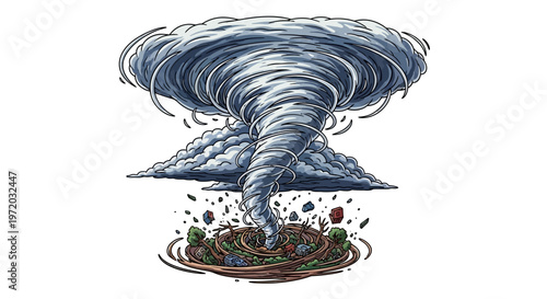 A powerful tornado twisting through the earth, causing destruction and chaos with flying debris