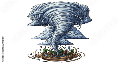 Illustration of a powerful tornado forming from swirling clouds, affecting a landscape below