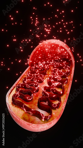 Microscopic mitochondria anatomy displaying cristae structure, ATP production, and metabolic reactions that drive cellular energy generation and sustain human biological processes. 3D illustration.