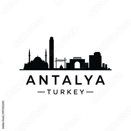 Antalya skyline silhouette with text identifying the turkish city