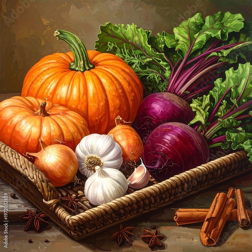 A wicker tray filled with various vegetables and spices on a rustic table