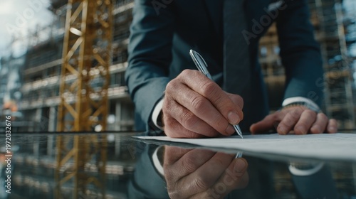 Businessman signing document on construction