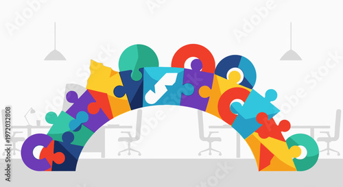 Colorful puzzle pieces forming an archway in a modern office setting, symbolizing teamwork and connection