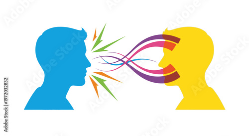Two people communicating, abstract colorful waves of information flowing between their heads, concept of dialogue