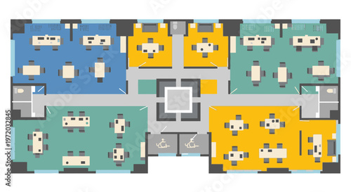 Modern office floor plan with cubicles, meeting rooms, and open workspaces in different color zones