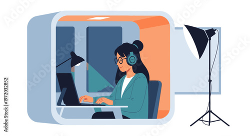 Young woman working in a modern soundproof pod with laptop, headphones, and studio lighting