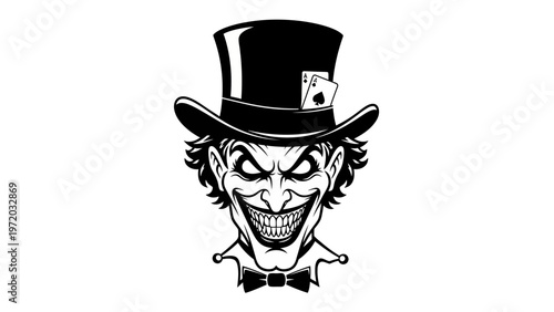 Scary Joker Face with Top Hat and Ace of Spades - Evil Grin, Sinister, Villain