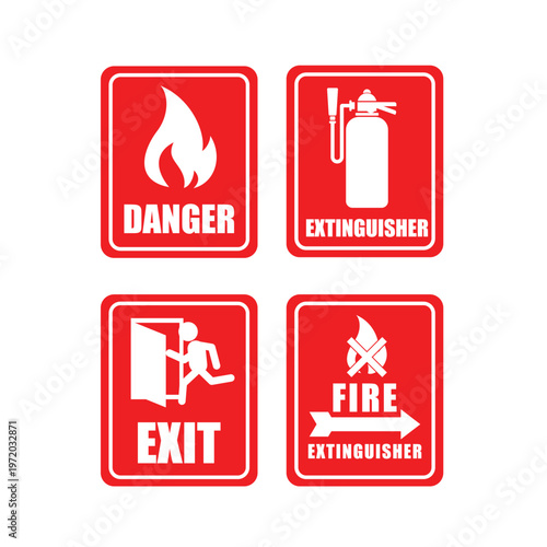Fire safety stickers fire extinguisher, exit sign, red and white fire fighter