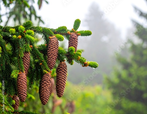 Close-up of pine cones hanging from a green tree branch in nature.