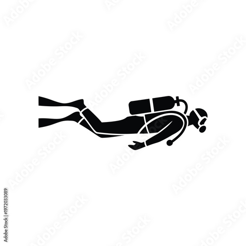Silhouette of a scuba diver in full gear swimming horizontally