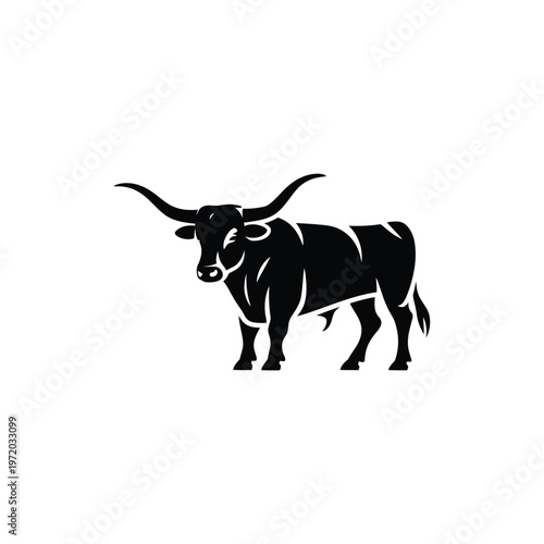 Foto A striking black silhouette of a longhorn bull against a white background