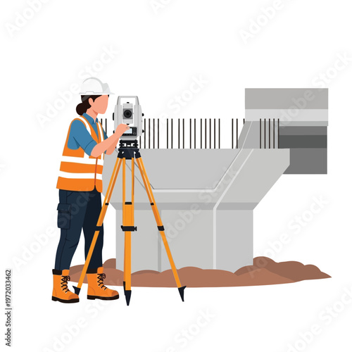 Female surveyor in safety vest and hard hat measuring concrete structure with total station