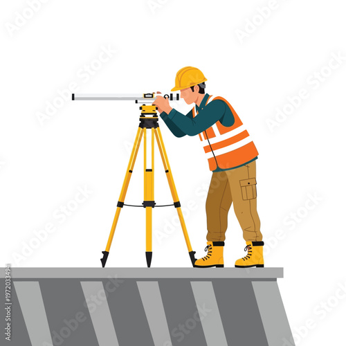 Surveyor using a theodolite on a tripod to measure elevation on a rooftop construction site