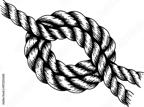 Detailed black and white of a thick braided rope tied in a secure knot nautical marine