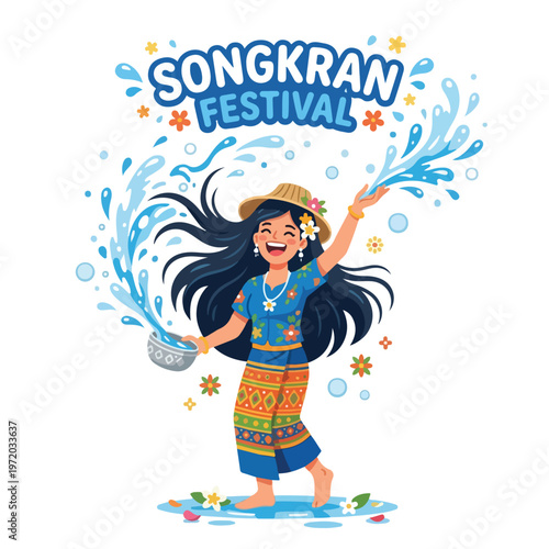 Vector of a happy Thai person playing in the water celebrating "Songkran Festival" 005