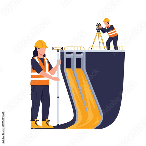Civil engineering team performs precise site surveying with modern equipment, highlighting construction and infrastructure development in a professional flat design illustration