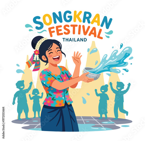 Vector of a happy Thai person playing in the water celebrating "Songkran Festival" 004