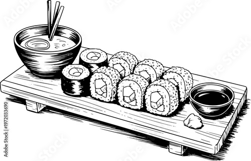 Hand drawn black and white of sushi rolls with chopsticks and dipping sauce wooden board