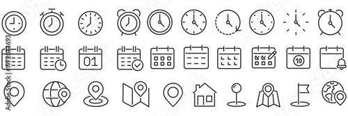 Time, date and location editable stroke outline icons set. Address line icons and navigation outline icons set. isolated on white background.