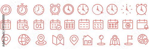 Date Address Time Line Icon, clock, calendar, and location pin symbols, delivery, meeting, office, planning, navigation, and scheduling concept, editable line vector illustration.