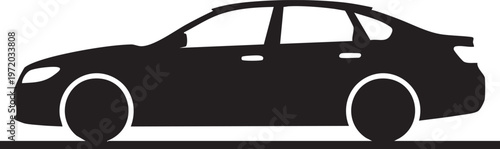 Black car silhouette, modern sedan icon, vehicle graphic, automotive shape