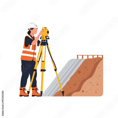 Surveyor using a total station instrument for land surveying and construction site measurement