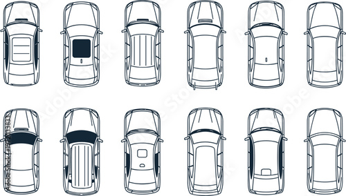 Car top view vector set, detailed vehicle models collection, modern automobile design elements for transport illustration isolated on clean background